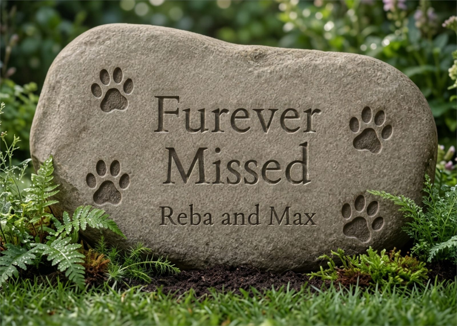 Pet memorial stone with paw prints and engraved text