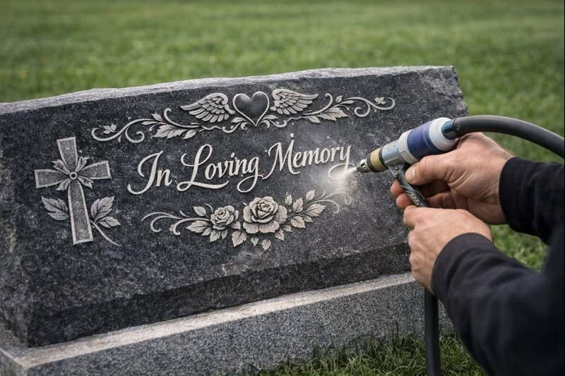 Memorial engraving being cleaned on a granite stone